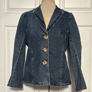 Trendy Denim Jacket Blazer Fitted V-Neck‎ Wood Buttons Puff Medium Western